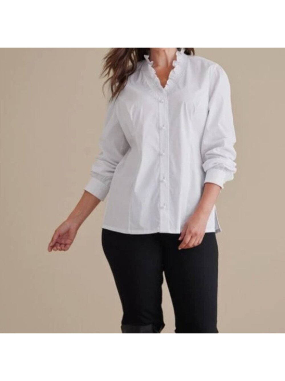 Long Sleeve Pearl Button Down Top Sz Small White Ruffle Preppy Minimalist Shirt